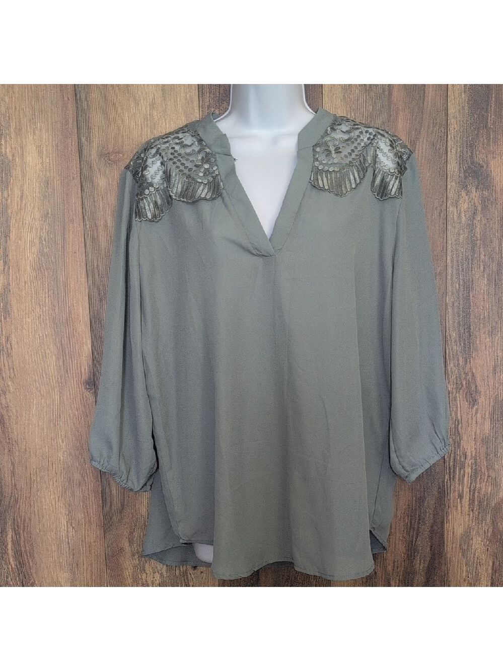 Cure Olive Green Women's Sheer Blouse with Lace Accents XL            V117